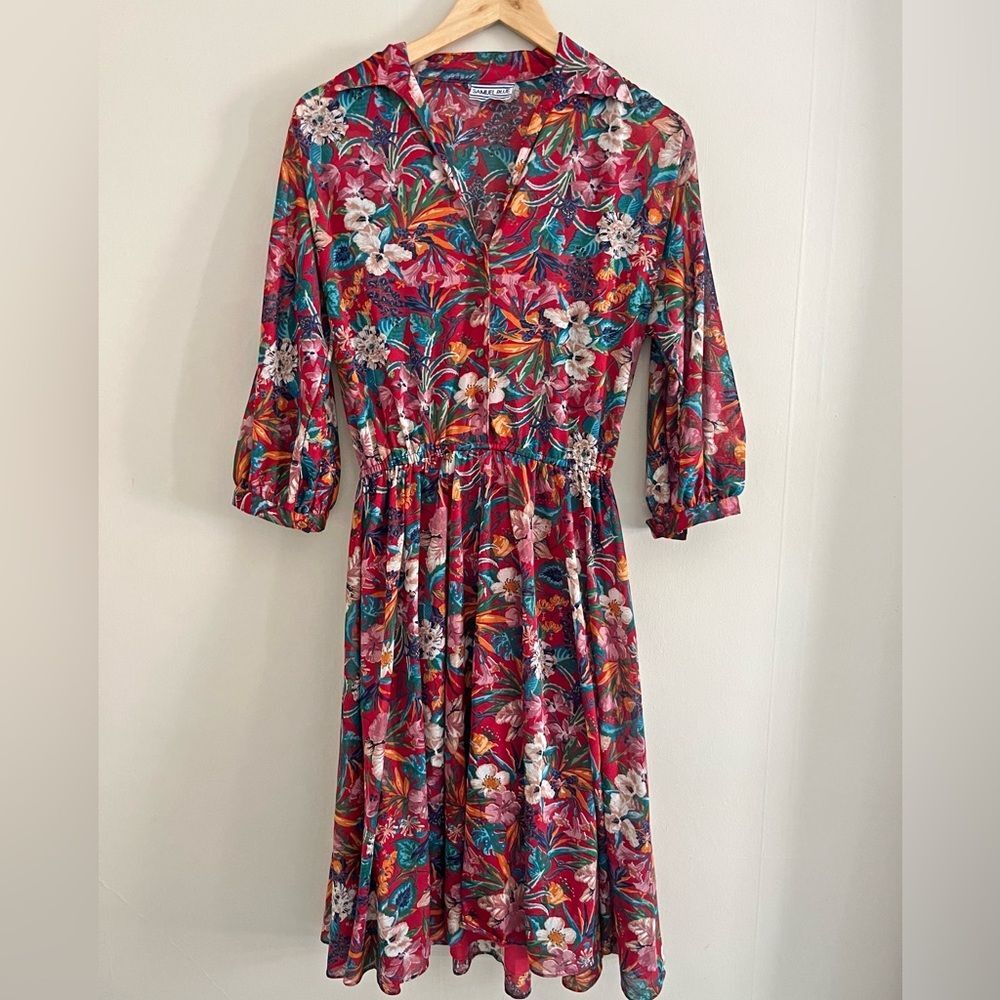 Vintage 1970s Samuel Blue Tropical Floral Midi Dress Dagger Collar - Picture 3 of 15